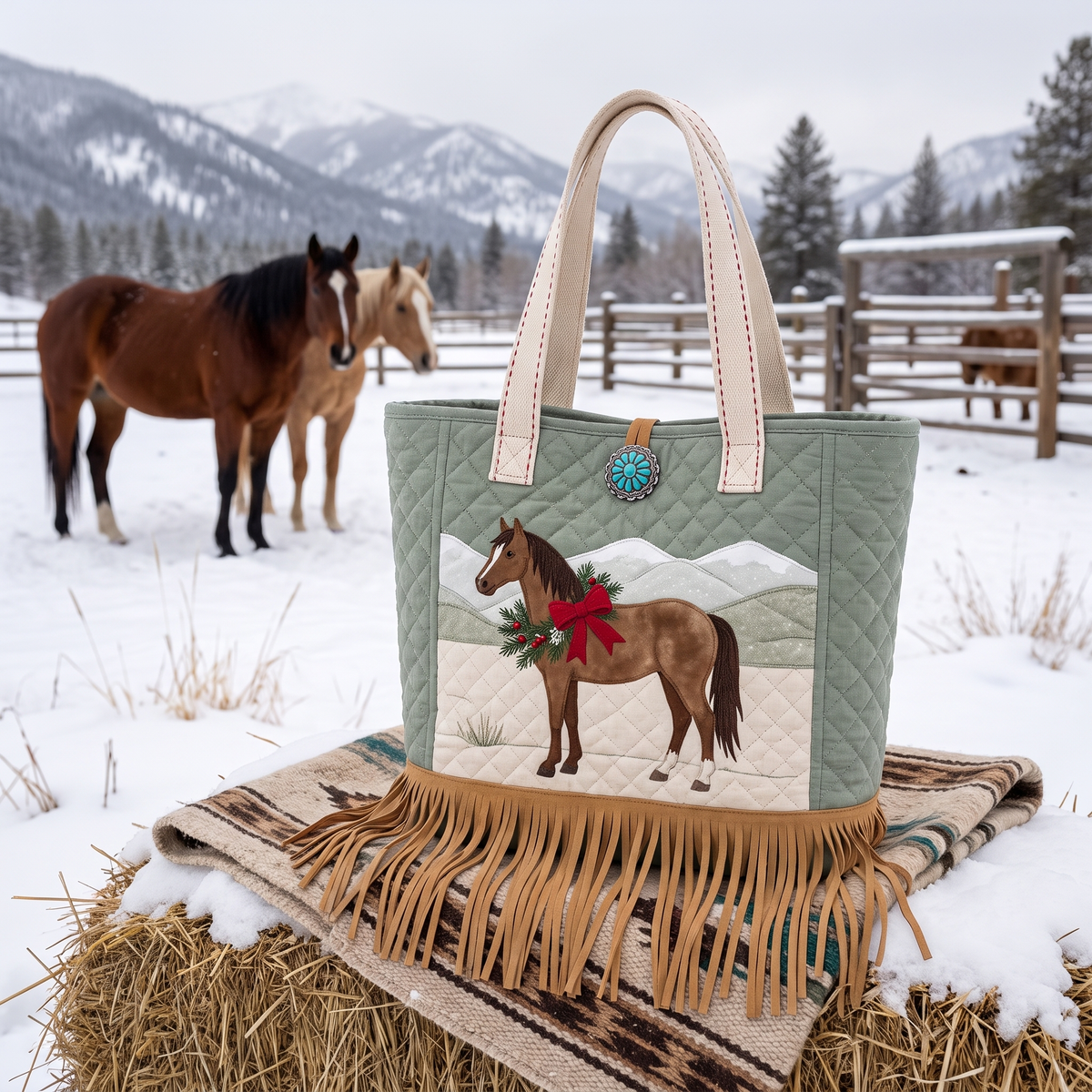 Silver Bell Ranch quilted tote with horse and suede fringe