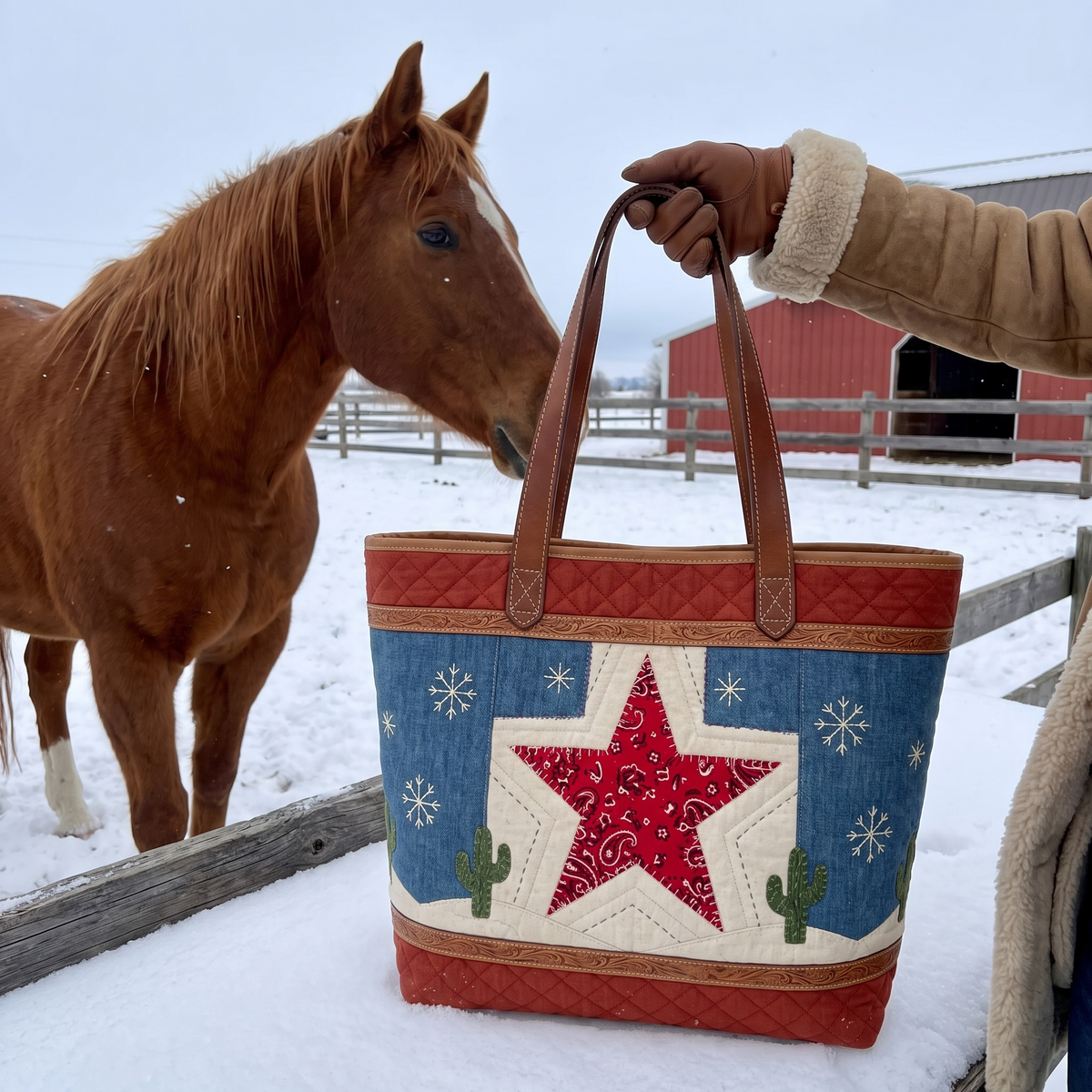Bandana Star quilted tote held beside a horse in the snow
