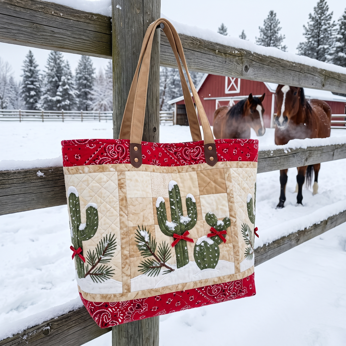 Desert Frost quilted tote with snowy cactus appliqué