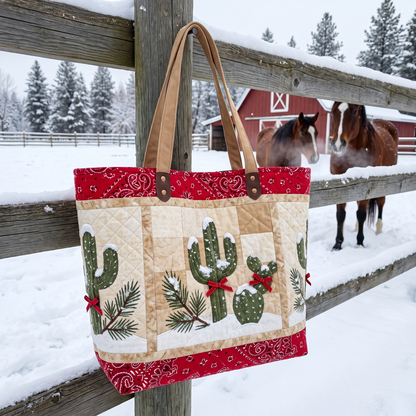Desert Frost quilted tote with snowy cactus appliqué