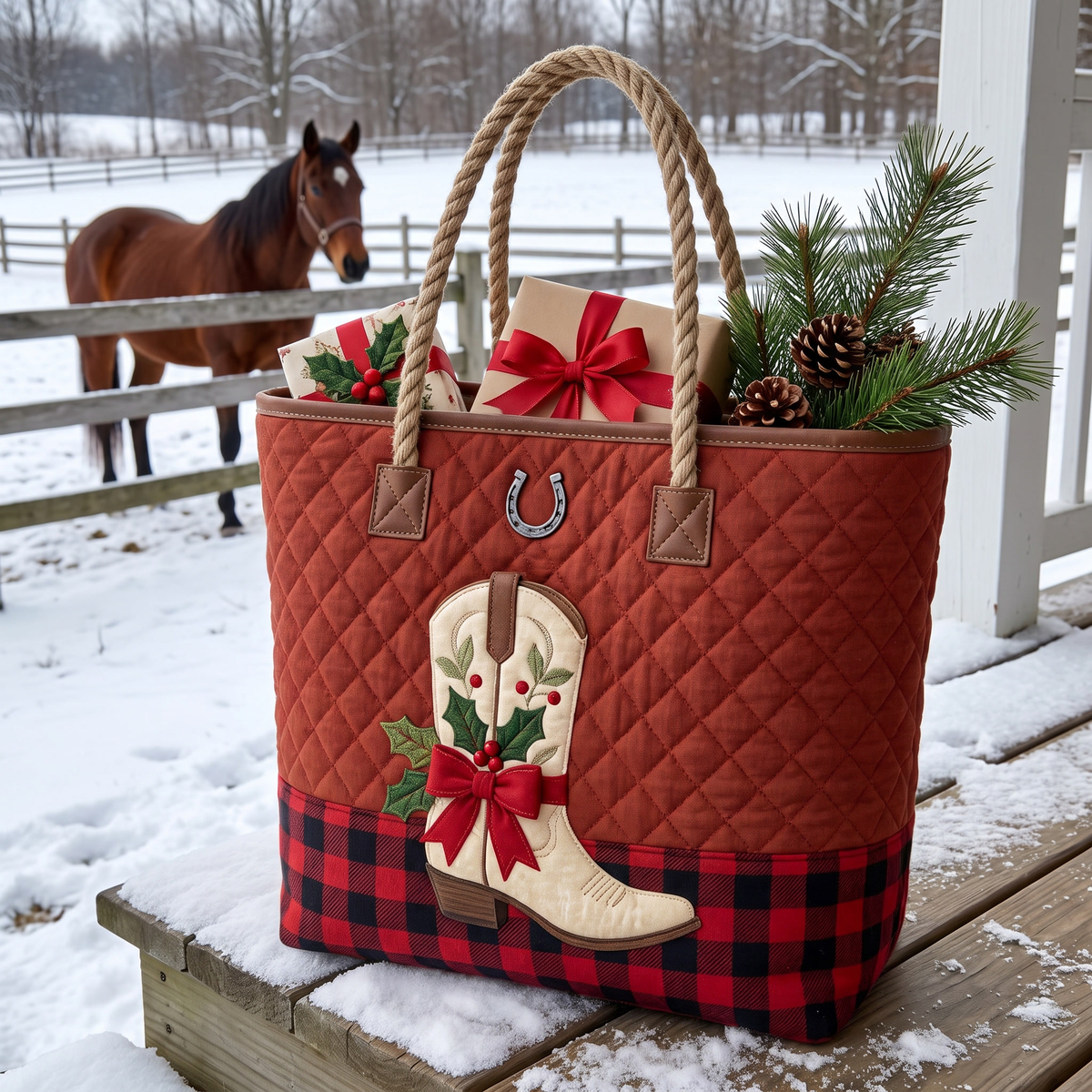 Christmas Corral quilted tote with cowboy boot and buffalo plaid