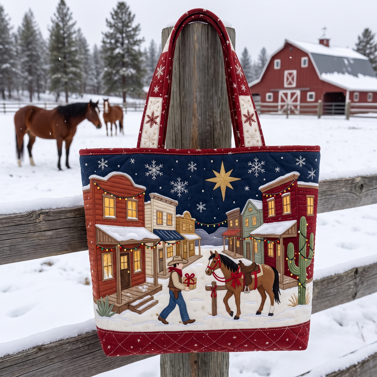 Frontier Nights western Christmas quilted tote on a snowy ranch fence
