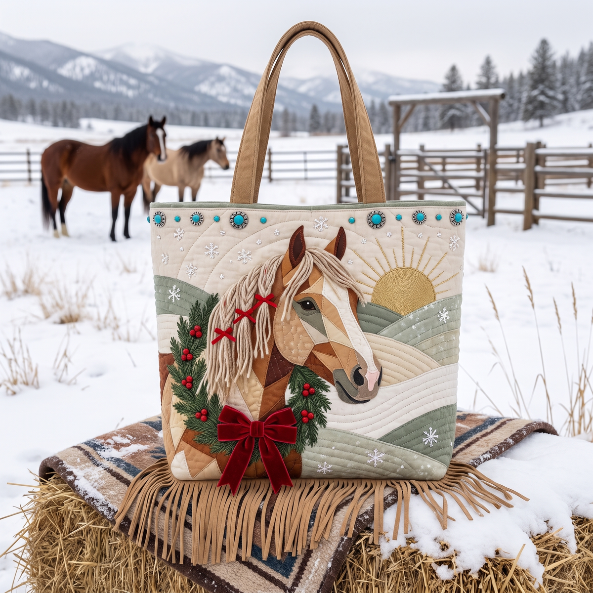 Winter Mare quilted tote with patchwork horse portrait and pine wreath