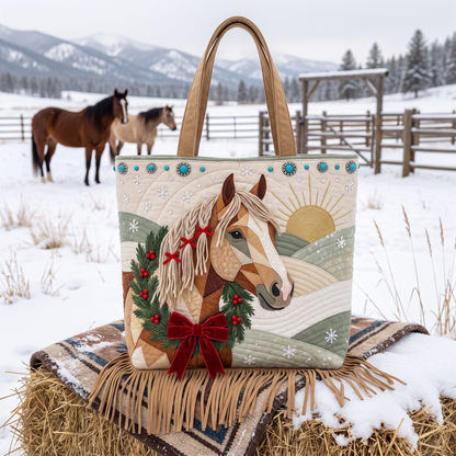 Winter Mare quilted tote with patchwork horse portrait and pine wreath