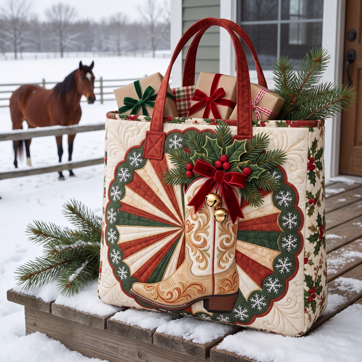 Gold Rush Boot quilted tote with tooled leather boot appliqué and jingle bells