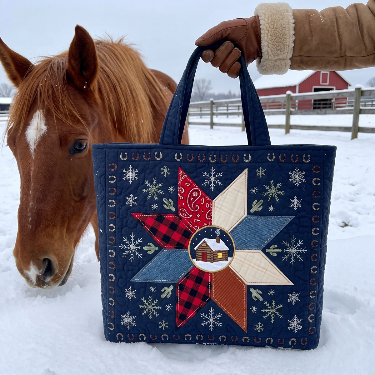 Homestead Star quilted tote with patchwork star and glowing cabin