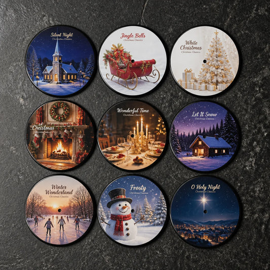 9 Christmas music album vinyl disc magnets - Silent Night, Jingle Bells, White Christmas, Last Christmas, Wonderful Time, Let It Snow, Winter Wonderland, Frosty, O Holy Night
