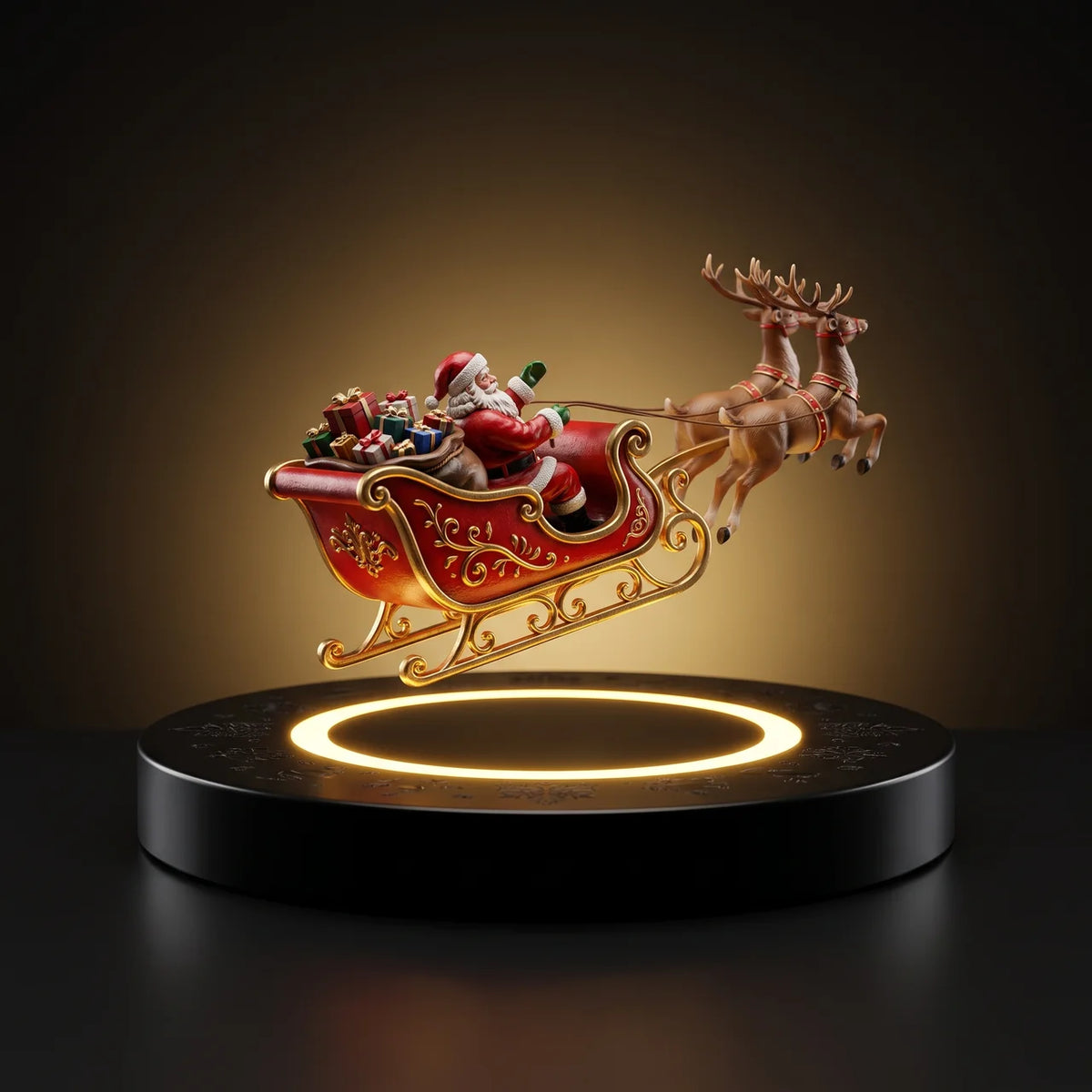Floating Santa Sleigh with warm LED base - dark studio shot